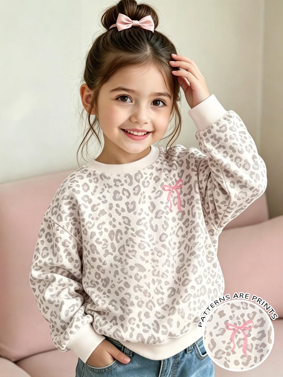 SHEIN Playful Pals Girls' Fashionable White Leopard Print Colorblock Bow Graphic Basic Crew Neck Sweatshirt Birthday Autumn Fairy Princess Halloween 1st 7th Birthday - Multicolor - View 1