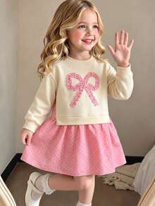4-7 Years Old Girls 3D Bow Sweatshirt Dress 2 In 1, Fresh Cute Style, College Style Ruffle Hem Autumn/Winter Dress - Multicolor - View 1