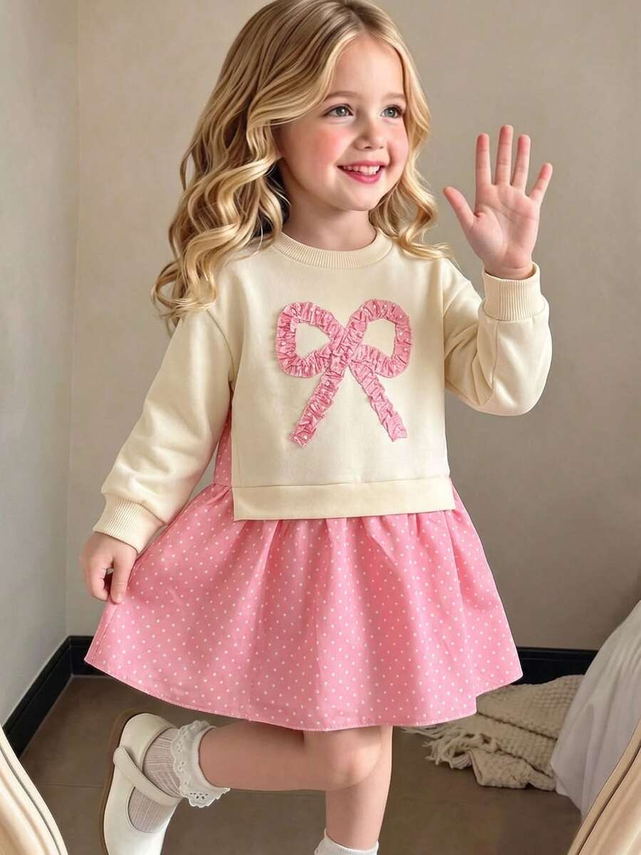 4-7 Years Old Girls 3D Bow Sweatshirt Dress 2 In 1, Fresh Cute Style, College Style Ruffle Hem Autumn/Winter Dress - Multicolor - View 1