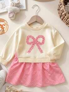 4-7 Years Old Girls 3D Bow Sweatshirt Dress 2 In 1, Fresh Cute Style, College Style Ruffle Hem Autumn/Winter Dress - Multicolor - View 5