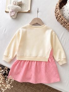 4-7 Years Old Girls 3D Bow Sweatshirt Dress 2 In 1, Fresh Cute Style, College Style Ruffle Hem Autumn/Winter Dress - Multicolor - View 2