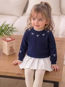Young Girl Cute Versatile Embroidery Bow Crew Neck Long Sleeve Knit Sweater Autumn Winter - Royal Blue - View 1