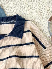 Sweater Pullover Lengan Panjang Bergaris dengan Kerah V untuk Remaja Perempuan, Cocok untuk Musim Semi, Gugur, dan Musim Dingin, Dapat Dipadukan dengan Celana Jeans, Jaket, dan Mantel Katun - MultiWarna - View 4
