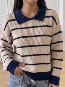 Sweater Pullover Lengan Panjang Bergaris dengan Kerah V untuk Remaja Perempuan, Cocok untuk Musim Semi, Gugur, dan Musim Dingin, Dapat Dipadukan dengan Celana Jeans, Jaket, dan Mantel Katun - MultiWarna - View 3