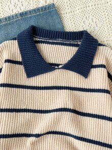 Sweater Pullover Lengan Panjang Bergaris dengan Kerah V untuk Remaja Perempuan, Cocok untuk Musim Semi, Gugur, dan Musim Dingin, Dapat Dipadukan dengan Celana Jeans, Jaket, dan Mantel Katun - MultiWarna - View 6