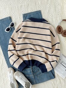 Sweater Pullover Lengan Panjang Bergaris dengan Kerah V untuk Remaja Perempuan, Cocok untuk Musim Semi, Gugur, dan Musim Dingin, Dapat Dipadukan dengan Celana Jeans, Jaket, dan Mantel Katun - MultiWarna - View 2