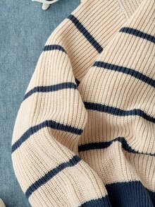 Sweater Pullover Lengan Panjang Bergaris dengan Kerah V untuk Remaja Perempuan, Cocok untuk Musim Semi, Gugur, dan Musim Dingin, Dapat Dipadukan dengan Celana Jeans, Jaket, dan Mantel Katun - MultiWarna - View 8