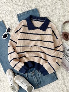 Sweater Pullover Lengan Panjang Bergaris dengan Kerah V untuk Remaja Perempuan, Cocok untuk Musim Semi, Gugur, dan Musim Dingin, Dapat Dipadukan dengan Celana Jeans, Jaket, dan Mantel Katun - MultiWarna - View 5