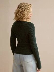 MOTF PREMIUM WOMEN'S SOLID COLOR V-NECK LONG SLEEVE BUTTON DESIGN CASUAL SWEATER - Green - View 6