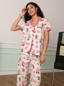 Chillnights SpongeBob SquarePants | SHEIN Casual Vacation Shell Bow Print Striped Colorblock Lapel Women's Pajama Set - Apricot - View 6