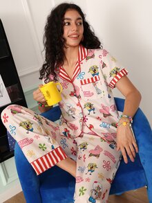 Chillnights SpongeBob SquarePants | SHEIN Casual Vacation Shell Bow Print Striped Colorblock Lapel Women's Pajama Set - Apricot - View 1