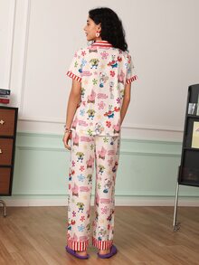 Chillnights SpongeBob SquarePants | SHEIN Casual Vacation Shell Bow Print Striped Colorblock Lapel Women's Pajama Set - Apricot - View 2