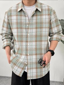 Norleigh Men's Plaid Casual Versatile Daily Wear Shirt - Green and White - View 8