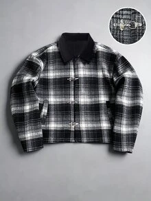 Manfinity Homme Men's Black Plaid Lapel Vintage Metal Airplane Buckle Loose Casual Overcoat - Black - View 1
