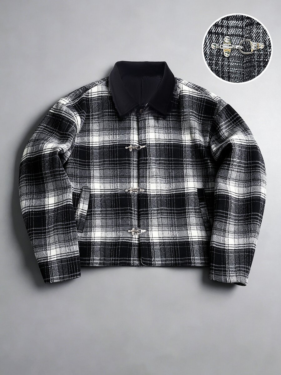 Manfinity Homme Men's Black Plaid Lapel Vintage Metal Airplane Buckle Loose Casual Overcoat - Black - View 1