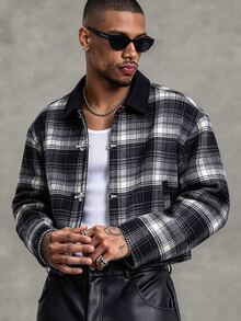 Manfinity Homme Men's Black Plaid Lapel Vintage Metal Airplane Buckle Loose Casual Overcoat - Black - View 3