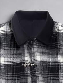 Manfinity Homme Men's Black Plaid Lapel Vintage Metal Airplane Buckle Loose Casual Overcoat - Black - View 4