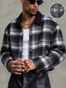 Manfinity Homme Men's Black Plaid Lapel Vintage Metal Airplane Buckle Loose Casual Overcoat - Black - View 5