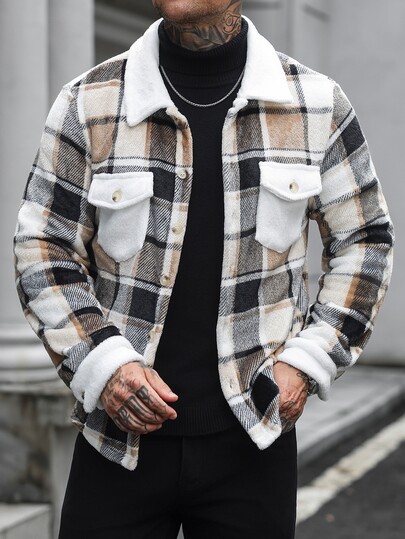 Manfinity Homme Men's Large Plaid Flannel Long Sleeve Jacket, Dual Patch Pockets Classic Style, Suitable For Formal Or Casual Occasions, Casual Vacation, Dinner Party, Simple Office, Casual Home Wear, Versatile For Self Or Gift, Hot-Selling Comfortable Autumn/Winter Jacket