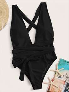 Swim SXY Summer Beach Plunging Backless One Piece Swimsuit - Black - View 6