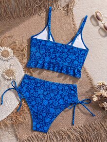 Swim Vcay Women's Summer Beach Holiday Random Floral V-Neck Ruffle Hem High Waist Sexy Camisole Bikini - Blue - View 2