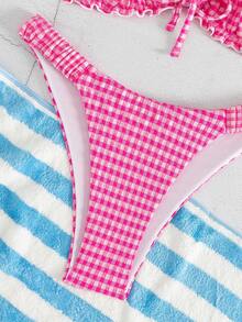 Swim Mod Textured Fabric Ruffle Trim Bowknot Front Drawstring Waist Cute Vacation 2pcs Bikini Set Summer Beach Pink And White Tropical - Hot Pink - View 7