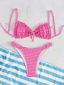 Swim Mod Textured Fabric Ruffle Trim Bowknot Front Drawstring Waist Cute Vacation 2pcs Bikini Set Summer Beach Pink And White Tropical - Hot Pink - View 5