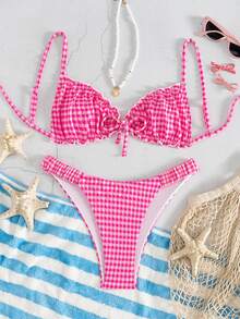 Swim Mod Textured Fabric Ruffle Trim Bowknot Front Drawstring Waist Cute Vacation 2pcs Bikini Set Summer Beach Pink And White Tropical - Hot Pink - View 3