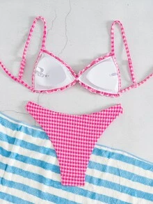 Swim Mod Textured Fabric Ruffle Trim Bowknot Front Drawstring Waist Cute Vacation 2pcs Bikini Set Summer Beach Pink And White Tropical - Hot Pink - View 6