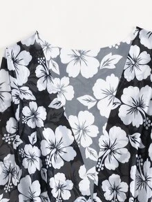 Swim Lushoire Summer Outfits For Women Summer Beach Floral Print Bikini Set With Kimono - Black and White - View 8