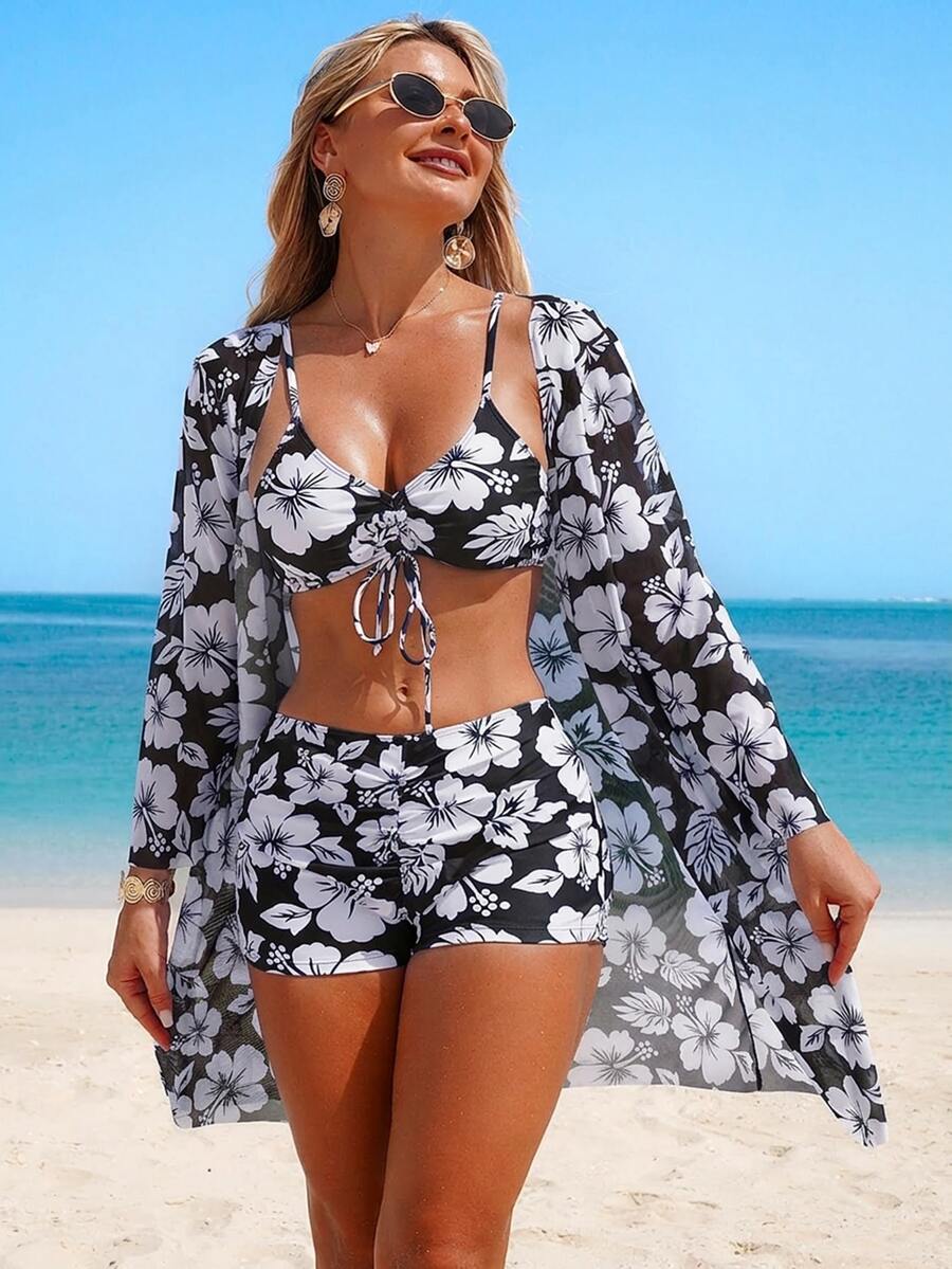 Swim Lushoire 女士夏季服装夏季海滩花卉印花比基尼套装和服 - 黑與白 - 查看 1