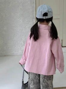 DAZY 女童翻領單排扣長袖純色襯衫 秋季 - 粉色 - 查看 5