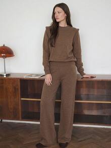 Dazy-Less Women's 2pcs Set: Winter Coffee Brown Crew Neck Long Sleeve Knit Sweater & High Waist Slim Fit Ribbed Knit Pants - Coffee Brown - View 1