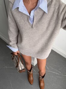 Livesso Sweater Rajut Pullover Wanita Gaya Kasual Bisnis Longgar Musim Gugur Musim Dingin, Warna Solid Serbaguna, Bagian Depan Setengah Terbuka, untuk Tahun Baru, Natal, Pernikahan - Grey - View 3