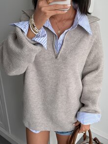 Livesso Sweater Rajut Pullover Wanita Gaya Kasual Bisnis Longgar Musim Gugur Musim Dingin, Warna Solid Serbaguna, Bagian Depan Setengah Terbuka, untuk Tahun Baru, Natal, Pernikahan - Grey - View 4