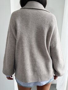 Livesso Sweater Rajut Pullover Wanita Gaya Kasual Bisnis Longgar Musim Gugur Musim Dingin, Warna Solid Serbaguna, Bagian Depan Setengah Terbuka, untuk Tahun Baru, Natal, Pernikahan - Grey - View 2