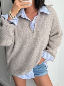 Livesso Sweater Rajut Pullover Wanita Gaya Kasual Bisnis Longgar Musim Gugur Musim Dingin, Warna Solid Serbaguna, Bagian Depan Setengah Terbuka, untuk Tahun Baru, Natal, Pernikahan - Grey - View 5