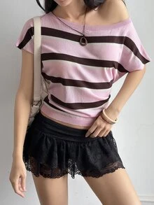 Livesso Asymmetric Neck Pink Stripe And Striped Fitted Knit Top For Women Date Brunch School Summer Casual - Pink - View 4