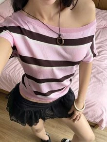 Livesso Asymmetric Neck Pink Stripe And Striped Fitted Knit Top For Women Date Brunch School Summer Casual - Pink - View 3
