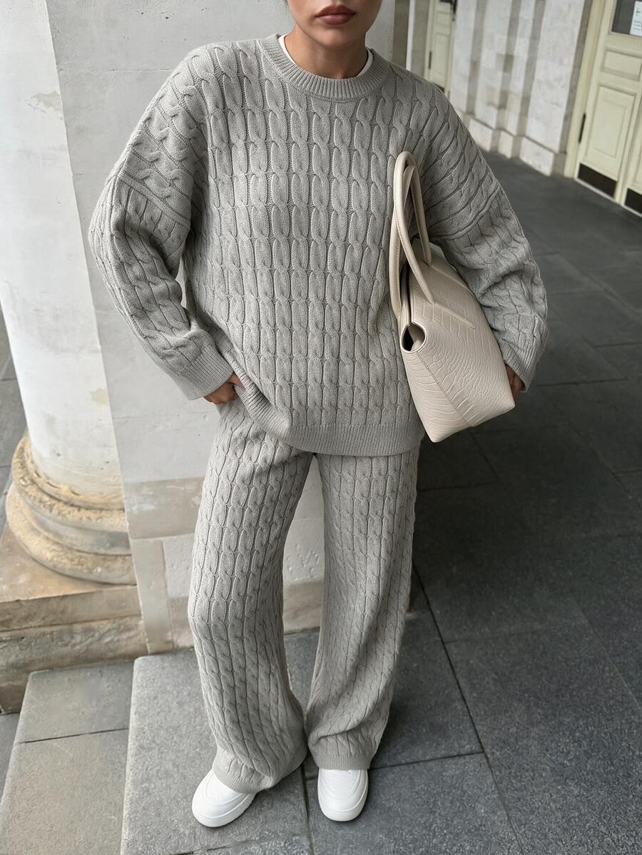 EURMUSE 2pcs Women Casual Solid Color Dropped Shoulder Loose Fit Cable Knit Pullover Sweater And Wide Leg Knit Pants Set
