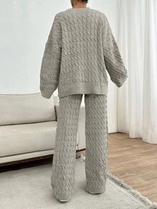 EURMUSE 2pcs Women Casual Solid Color Dropped Shoulder Loose Fit Cable Knit Pullover Sweater And Wide Leg Knit Pants Set - Beige - View 7