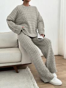EURMUSE 2pcs Women Casual Solid Color Dropped Shoulder Loose Fit Cable Knit Pullover Sweater And Wide Leg Knit Pants Set - Beige - View 4