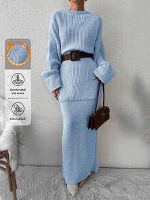 EURMUSE Women's Solid Color Knitted Sweater 2pcs/set (no Belt) - Clear - View 8
