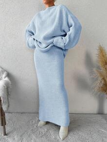 EURMUSE Women's Solid Color Knitted Sweater 2pcs/set (no Belt) - Clear - View 7