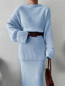 EURMUSE Women's Solid Color Knitted Sweater 2pcs/set (no Belt) - Clear - View 4