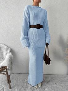 EURMUSE Women's Solid Color Knitted Sweater 2pcs/set (no Belt) - Clear - View 5