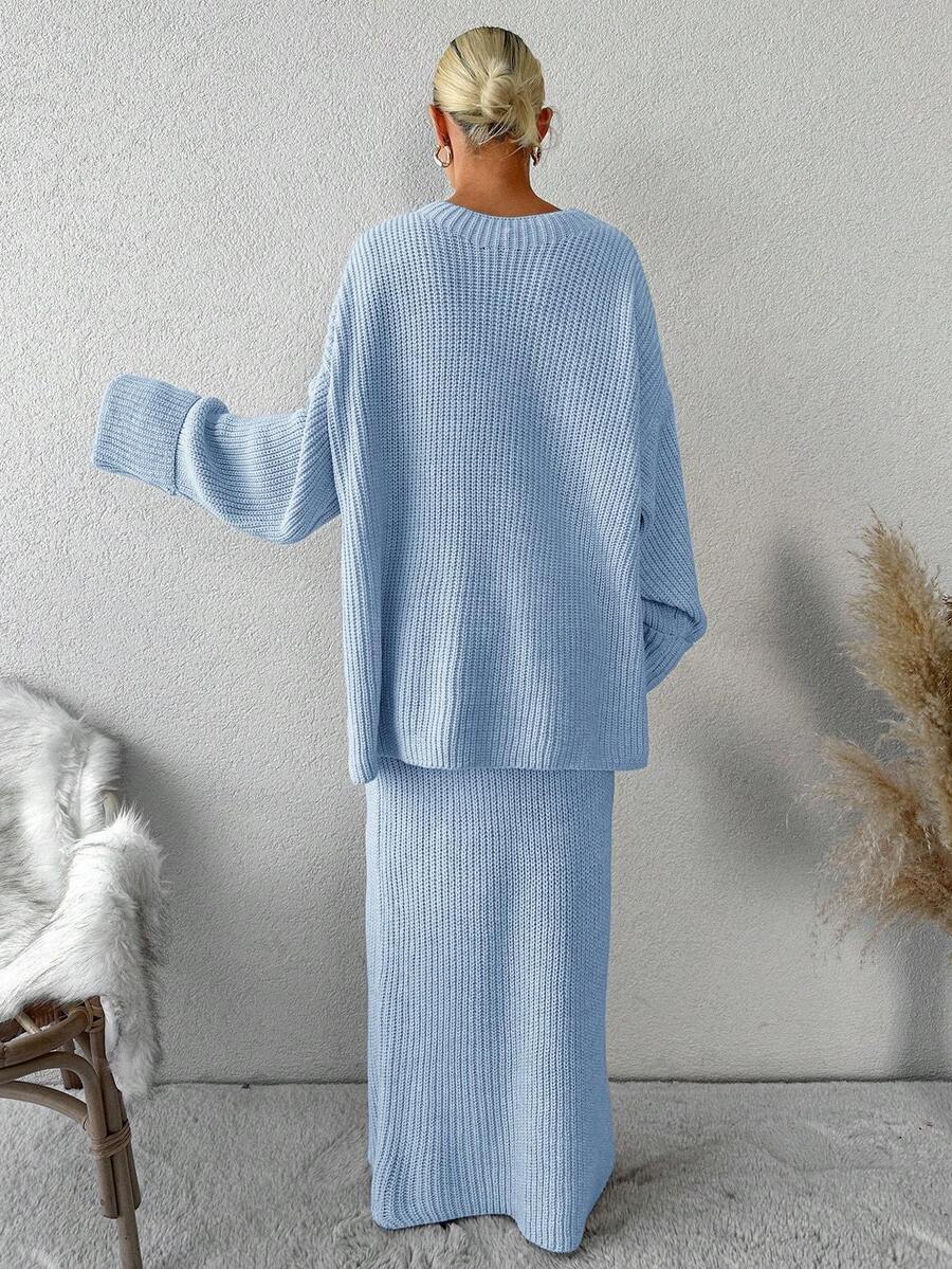 EURMUSE Women's Solid Color Knitted Sweater 2pcs/set (no Belt)