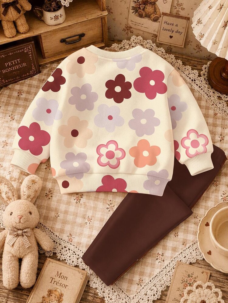 Baby Girl Casual Cute Polka Dot & Floral Pattern, Maillard Color Palette, Round Neck Fleece Sweatshirt & Elastic Waist Long Pants Set, Suitable For Autumn/Winter, Girls Outfit Sets, Chill, Kawaii, Cozy Fall & Winter Styles - Multicolor - View 3