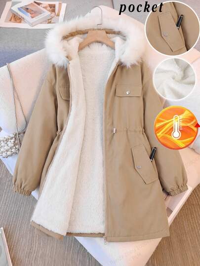 SHEIN Parka décontractée streetwear pour filles préadolescentes, en tissu tissé kaki, avec capuche, bordure en fausse fourrure, taille cintrée et poches, veste doublée thermique épaisse pour la rentrée scolaire, les sorties d'automne/hiver et le port quotidien