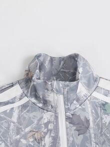 SHEIN 兒童青少年女孩休閒新款秋冬時尚葉子迷彩印花長袖拉鍊外套與長褲2件套，返校季，秋季服飾，冬季服飾，開襟外套套裝，青少年女孩套裝 - 淺灰色 - 查看 7